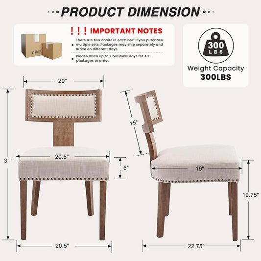 HNY Mid Century Modern Dining Chairs Set of 4, Farmhouse Linen Fabric Upholstered Accent Chairs Curved Nailhead Trim Backrest Kitchen Chairs, with Hardwood Frame, Beige