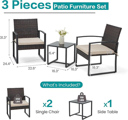 Bezseller 3 Pieces Patio Furniture Set, Outdoor Rattan Bistro Set with Coffee Table, Durable Steel Frame with Strapped Cushions for Garden, Balcony, Poolside, Backyard
