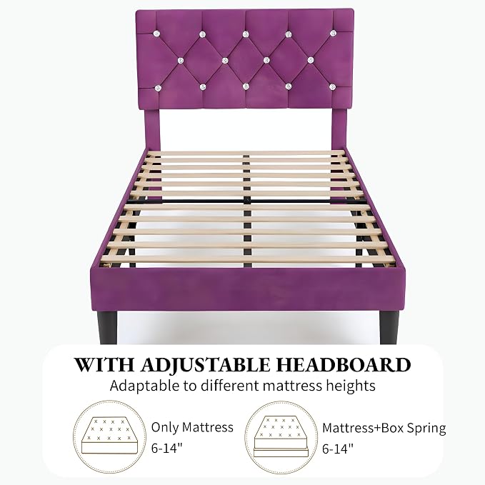 VECELO Twin Size Bed Frame with Diamond Tufted Headboard, Upholstered Platform Bedframe with Wood Slat Support, No Box Spring Needed, Velvet & Purple