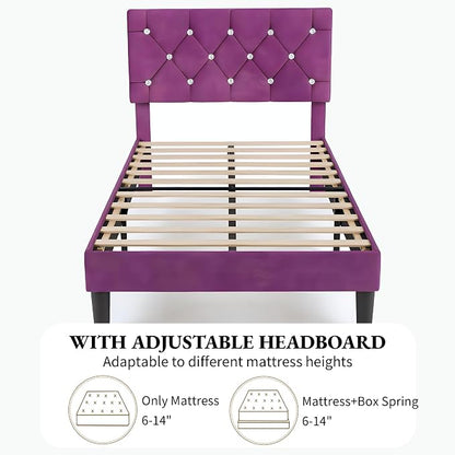 VECELO Twin Size Bed Frame with Diamond Tufted Headboard, Upholstered Platform Bedframe with Wood Slat Support, No Box Spring Needed, Velvet & Purple