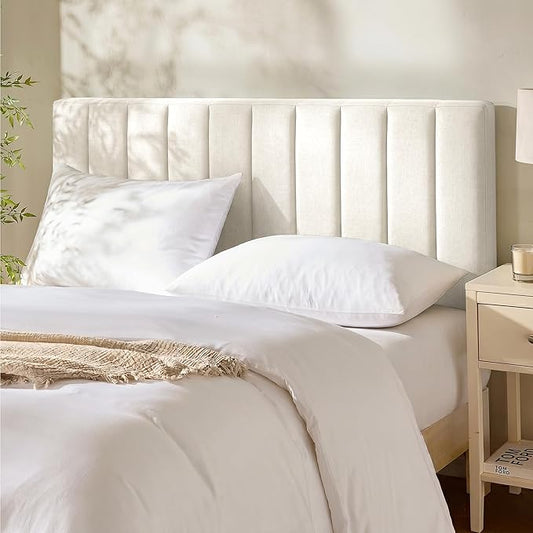 Hearth & Harbor Wall Mounted Queen Headboard Only, Bed Headboard Queen Size | Easy Assemble, Floating Peel & Stick, Upholstered Channel Stitched, 3D Wall Panels, 5 Strips of 3M Tape Included, Off White