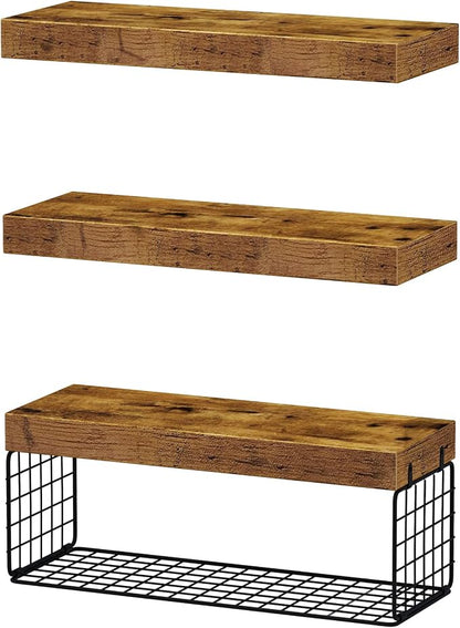 QEEIG Bathroom Shelves Over Toilet - Wall Mounted Floating Shelves Toilet Paper Storage Small Farmhouse Decor Shelf 16 inch Set of 3, Rustic Brown (019-BN3)