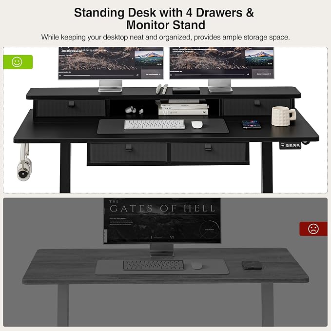 Grandder Electric Standing Desk with Four Drawers, Sit to Stand Up Height Adjustable Desk with Storage Shelf for Home Office, 55 * 28 Inch, Study, Ergonomic Adjustable Computer Desk, Black