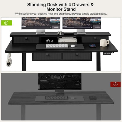 Grandder Electric Standing Desk with Four Drawers, Sit to Stand Up Height Adjustable Desk with Storage Shelf for Home Office, 55 * 28 Inch, Study, Ergonomic Adjustable Computer Desk, Black