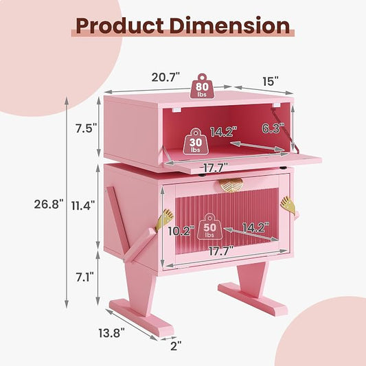 RoyalCraft Nightstands Set of 2 with LED Light Strips, Pink End Table with 360° Rotating Drawer, Modern Bedside Table with Glass Door Storage, Wood Night Stand Cabinet for Bedroom, Home Office, Pink