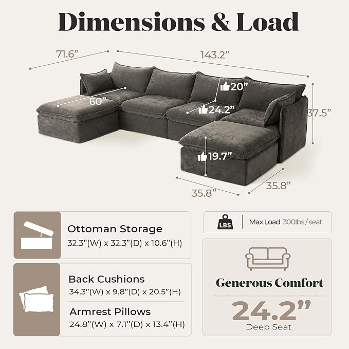 Cloud Modular Sectional Sofa, Oversized Deep Seat Comfort, Luxe Chenille | Fully Removable Washable Covers, Memory Foam Seat Cushions, Storage Ottoman, Premium Fabric