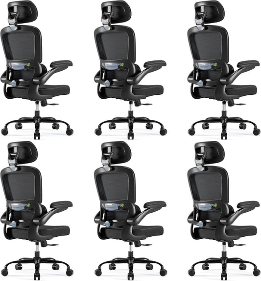 TRALT Ergonomic Office Chair - Desk Chair with Adjustable Headrest Lumbar Support Computer Chair - Mesh Comfy Chair with Flip-up Armrests - Gaming Chair for Adults Home Office PU, Black, Pack of 6