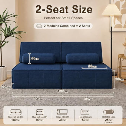 PurrJoys Modular Sectional Loveseat, 2-Piece Deep Seat Corduroy Lounge Sofa with Movable Cushions, Small Loveseat Couch for Living Room, Bedroom, Apartment, Blue