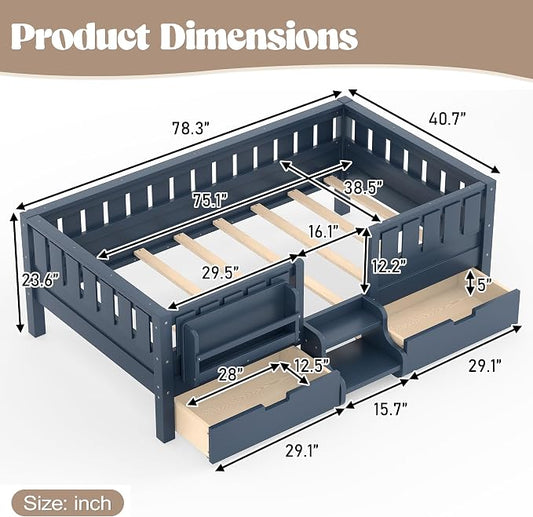 Bellemave Twin Floor Bed with Stairs, Rails and Slats, Twin Size Montessori Floor Bed with Bookshelf and 2 Storage Drawers, Easy Assemble Montessori Beds Frame for Girls, Boys, Blue
