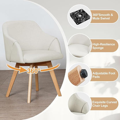 Swivel Dining Chairs Set of 2, Mid Century Modern Dining Chairs with Arms and Wood Legs, Linen Fabric Upholstered Kitchen Chairs for Dining Room Living Room, Comfortable Widen Seat, Beige