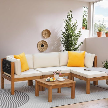 Greesum 5 Pieces Small Patio Sofa, Acacia Wood Outdoor Conversation Sets with Tea Table for Garden Porch and Backyard, Beige