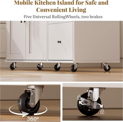 GRUSIGN Kitchen Island on Wheels with Storage-Multifunctional Kitchen Island Cart with Drop Leaf, Rolling Island with Spice/Towel Rack,Expandable Island Table Kitchen,39.37" Width,White