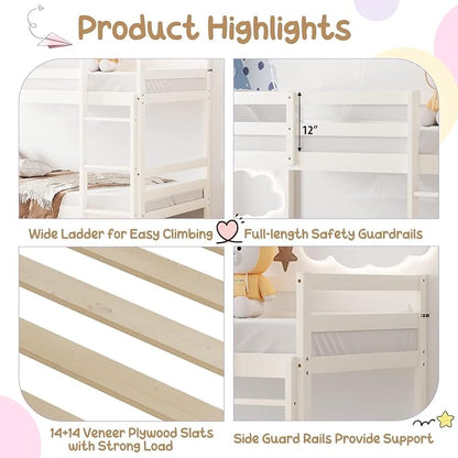 NAFORT Bunk Bed Twin Over Twin, Solid Wood Bunk Bed with Ladder and Safety Rails, Wooden Bed Frame for Kids Teens or Guests, Space-Saving Furniture for Bedroom Dorm, White