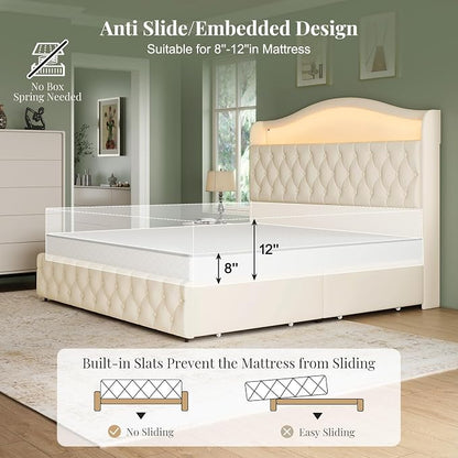 King Size Bed Frame and Headboard & 4 Storage Drawers, Upholstered Platform Bed Frame with RGB LED Lights & Charging Station, No Box Spring Needed, Easy Assembly, Noise-Free, Beige