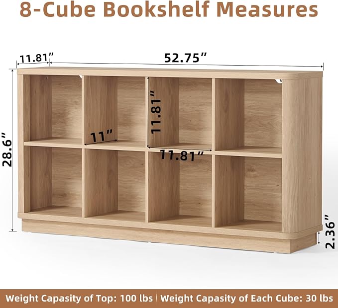 Joaxswe 8 Cube Storage Book Shelf, 52" Long Horizontal Bookshelf with Curved Edge, Floor Standing Wooden Cubby Bookcase with Base, Modern Low Console Book Case, TV Stand for Living Room, Natural Oak