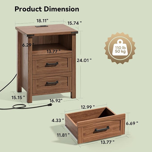 Decofy Farmhouse Nightstand Set of 2 with Charging Station, 18'' Wide Rustic End Table with USB/Type-C Ports, 2 Drawers & Open Shelf, Wood Bedside Table for Bedroom, Walnut