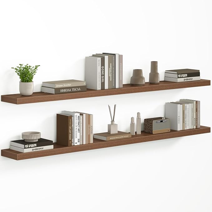 Fun Memories 66 Inch Floating Shelves - Fireplace Mantel Shelf - Deep Wall Mounted Wood Storage Shelf for Bedroom, Kitchen, Farmhouse - 2 Pack, Walnut