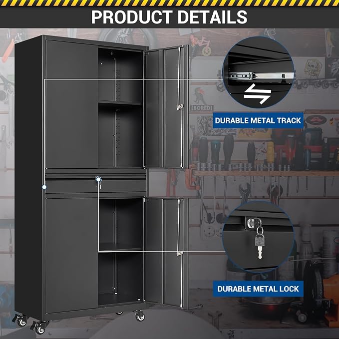 Fesbos 73" Metal Cabinet-Black Heavy Duty Rolling Storage Cabinet Steel Tool Cabinets with Wheels, Shelves, Lockable Doors and Drawers- for Garage, Pantry, Warehouse Home Office- Assembly Required