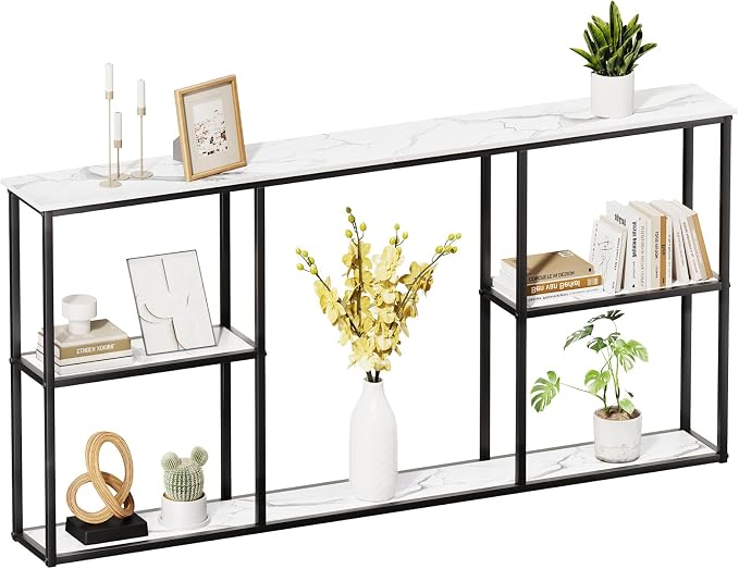 WOHOMO Console Table, Small Modern Entryway Table for Entry, 3-Tier Long Sofa Table Behind Couch for Living Room, Entrance, White Marble (63 inch)