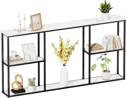 WOHOMO Console Table, Small Modern Entryway Table for Entry, 3-Tier Long Sofa Table Behind Couch for Living Room, Entrance, White Marble (63 inch)