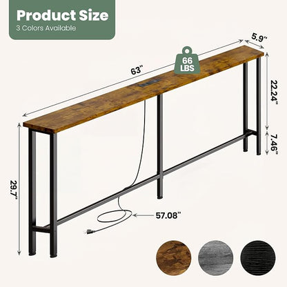 GRLEAF 63" Narrow Console Sofa Table with Built-in Power Strip (2 AC Outlets & 2 USB Ports) – 4.9ft Power Cord, Metal Frame, Easy Assembly, Ideal for Behind Couch, Hallway, and Office | Rustic Brown