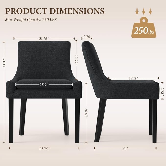 Modern Dining Room Chairs Set of 2 with Mid Back and Wood Legs, Upholstered Kitchen Chairs for Dining Room/Living Room, Black