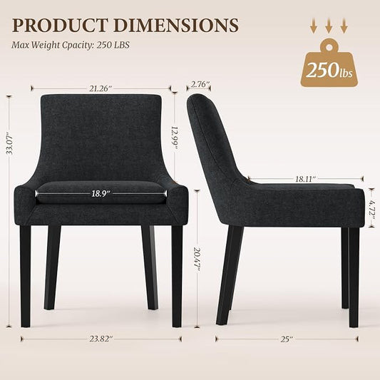 Modern Dining Room Chairs Set of 2 with Mid Back and Wood Legs, Upholstered Kitchen Chairs for Dining Room/Living Room, Black