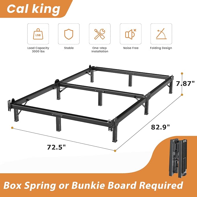 MAF Metal Bed Frame Cal King 8 Inches, 9-Legs Support Bed Base, California King Bed Frame for Box Spring and Mattress, Basics Bed Frame Headboard Attachable Tool-Free Easy Assembly, Black