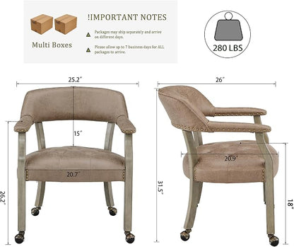 LEEMTORIG Set of 6 Dining Chairs with Casters and Arms, Rolling Dining Chairs with Wheels for Elderly, Ergonomic Wide Seat Wood Office Chairs, 26"Dx25.2"W, Grey Legs&Yellowish Brown Fabric SY-1318-LT