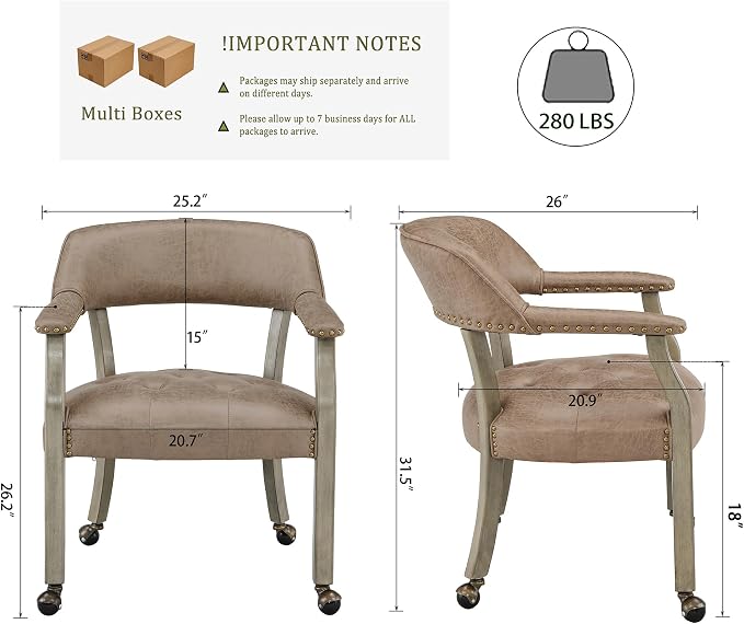LEEMTORIG Set of 8 Dining Chairs with Casters and Arms, Rolling Dining Chairs with Wheels for Elderly, Ergonomic Wide Seat Wood Office Chairs, 26"Dx25.2"W, Grey Legs&Yellowish Brown Fabric SY-1318-LT