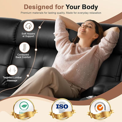 Reclining Couch, 113" PU Leather Sofa Recliner with Massage - 4 Seat Home Theater Seating Comfy Soft, Manual Wall Hugger Reclining with Lumbar Support Sofa Set for Family Living Room, Black