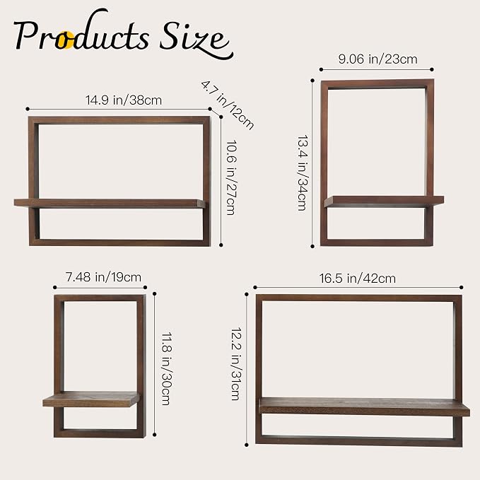 PHOENANCEE Square Floating Shelves,Framed Wall Shelf Decorative Set of 4,Modern Plants Hanging Display Art Decor Storage for Livingroom Bedroom Bathroom Farmhouse,Home Light Wood,Rustic Walnut