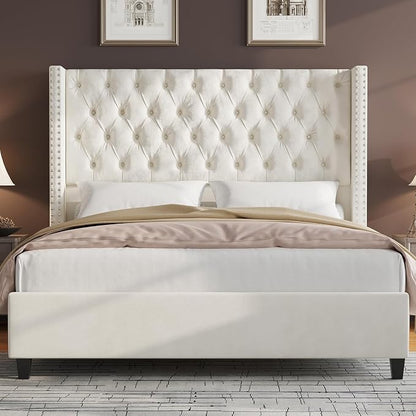 Jocisland King Upholstered Bed Frame with Tall Headboard Wingback Platform Bed Tufted Deep Button Velvet/No Box Spring Needed/Easy Assembly/Cream