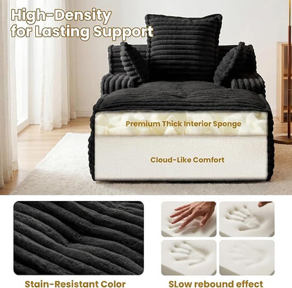 67'' Chaise Lounge Chair Indoor, Oversized Corduroy Upholstered Boneless Sofa Bed, Sleeper Couch Reading Chairs with 3 Pillows, Cloud Sofas Couches for Living Room, No Assembly Required (Black)