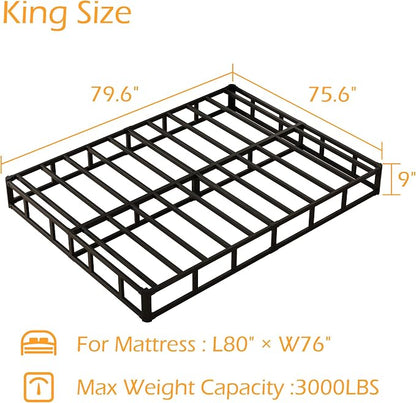 Maenizi King Box Spring 9 Inch, Heavy Duty Metal Box Spring Bed Base with Fabric Cover, Mattress Foundation, Easy Assembly, Noise Free, Black