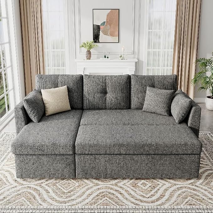 Huatean Home Sleeper Sofa Couch, 2 in 1 Sectional Sleeper Couch Bed with Side Pocket, Pullout Sofa Bed with Storage Chaise for Living Room, Dark Grey