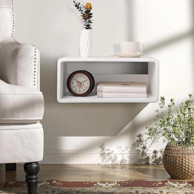 Floating Nightstand Wooden, Bedside Table, Nightstand Shelf, Handmade, Wall Mounted Bedside Shelf, Minimalist and Unique Style White 18”x 10”x 7.5”