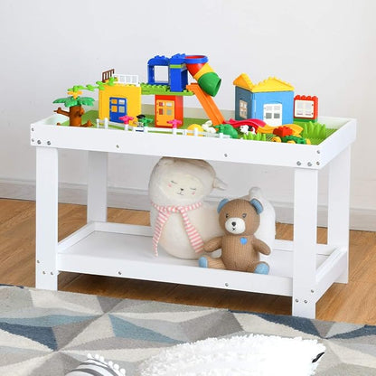 Costzon 2 in 1 Kids Activity Table w/Storage, Patented Building Block Table w/Board for Bricks Crafts Arts Draw, Children Solid Wood Play Table Desk for Preschool Toddler Boy & Girl Gift, White