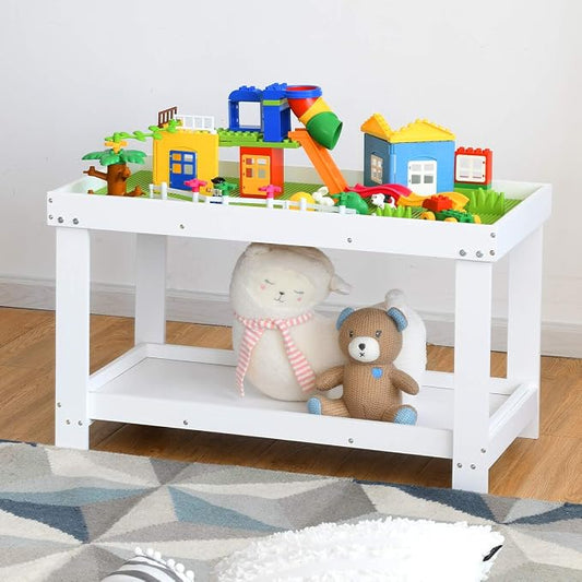 Costzon 2 in 1 Kids Activity Table w/Storage, Patented Building Block Table w/Board for Bricks Crafts Arts Draw, Children Solid Wood Play Table Desk for Preschool Toddler Boy & Girl Gift, White