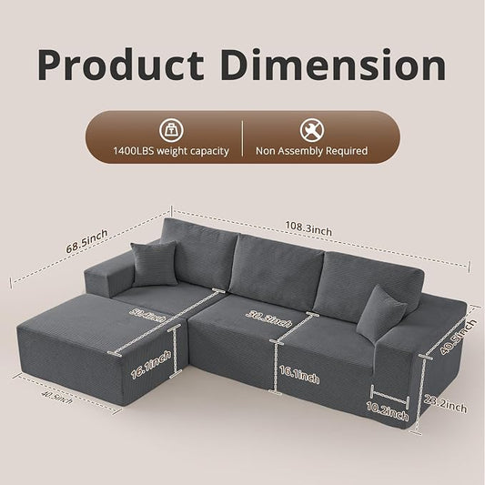 Modular Sectional Couch Modern 108" L Shaped Boneless Cloud Couch with Deep Seat, Sectional Sofa for Living Room Bedroom Apartments Dorms, No Assembly Required, Dark Grey