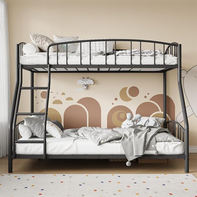 GarveeHome Metal Bunk Bed Twin Over Full, Heavy Duty Bunkbeds Frame with Arched Guardrail and Safety Ladder, Sturdy Steel Bed for Kids Boys Girls, Space-Saving, No Box Spring Needed, Black