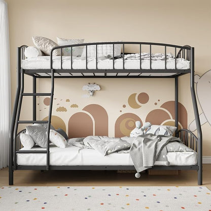 GarveeHome Metal Bunk Bed Twin Over Full, Heavy Duty Bunkbeds Frame with Arched Guardrail and Safety Ladder, Sturdy Steel Bed for Kids Boys Girls, Space-Saving, No Box Spring Needed, Black