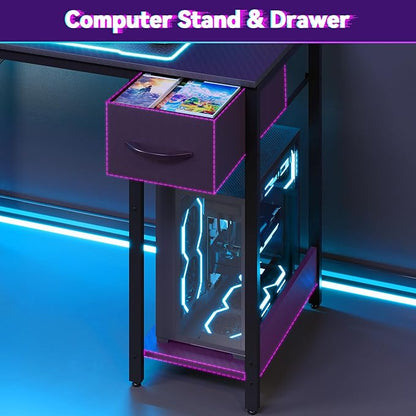 Apicizon L Shaped Gaming Desk 53", Reversible Corner Computer Desk with LED Lights, Carbon Fiber Surface, Pegboard with Hooks, Drawer & PC Tower Stand, USB Charging Port