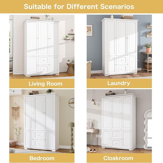 White Wardrobe with 2 Drawers: 74" Large Wardrobe Closet for Hanging Clothes, Tall Armoire Closet with 3 Doors, Bedroom Armoires with Hanging Rod (47")