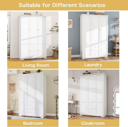 White Wardrobe with 2 Drawers: 74" Large Wardrobe Closet for Hanging Clothes, Tall Armoire Closet with 3 Doors, Bedroom Armoires with Hanging Rod (47")