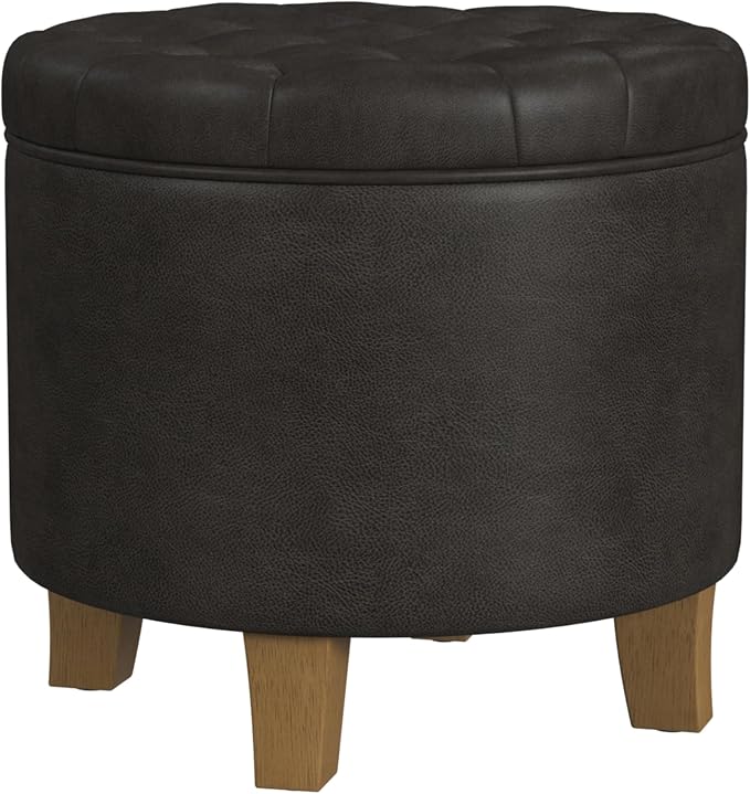 HomePop 19" Faux Leather Button Tufted Round Storage Ottoman - Black