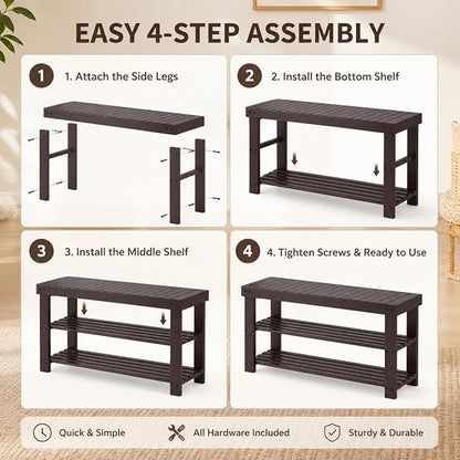 Shoe Rack Bench, 3-Tier Shoe Storage Organizer for Entryway , Shoe Shelf for Small Spaces, Multi-Functional Side Table Plant Stand, Shoe Stand for Bedroom, Living Room, Closet, Front Door, Brown