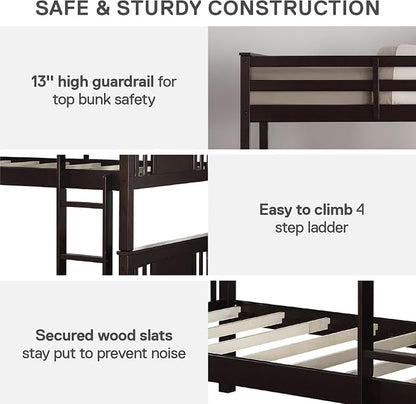 DHP Dylan Convertible Wood Bunk Bed, Stackable and Detachable Bed Frames for Kids and Teens, with Ladder, High Guardrail, Wood Slats, No Boxspring Required, Twin-Over-Twin, Espresso