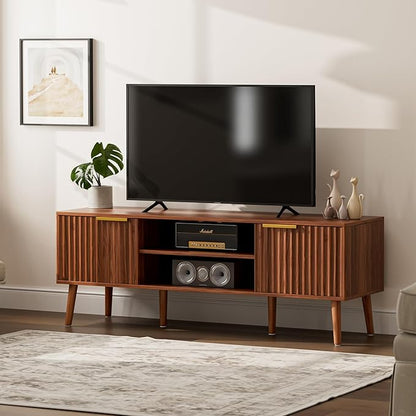 LCRBOL TV Stand with Fluted Doors for TVs up to 65", Mid-Century, Walnut | 54.3"W x 15.3"D x 19.6"H, 150 lbs capacity, 2 fluted door cabinets & 2 adjustable shelves, cable holes, 5 tapered legs
