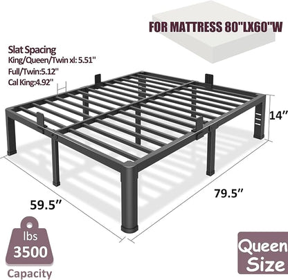 Bilily 14 Inch Queen Bed Frame Metal Platform with Round Corner Legs,3500 LBS Heavy Duty Steel Slats Support,Headboard Compatible,No Box Spring Needed,Easy Assembly,Mattress Retainer,Underbed Storage